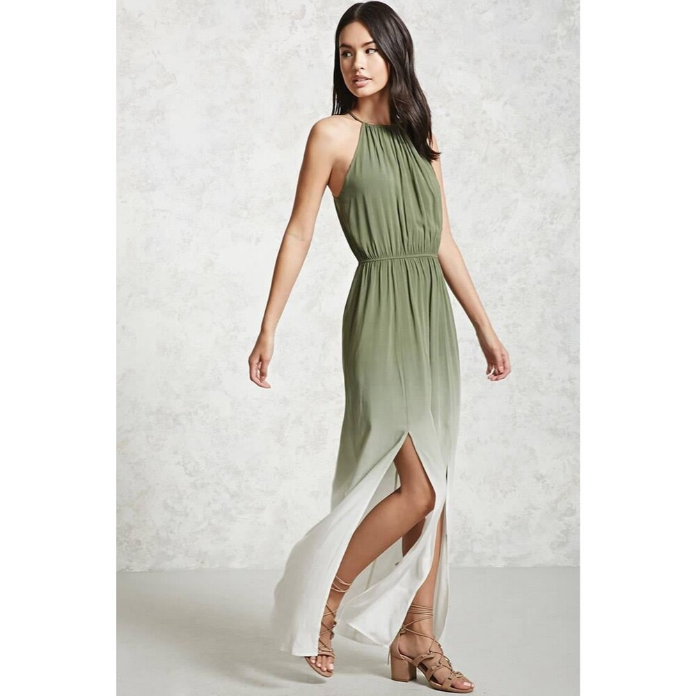Forever 21 Ombre Dye Maxi Dress in Olive/Cream Size Medium